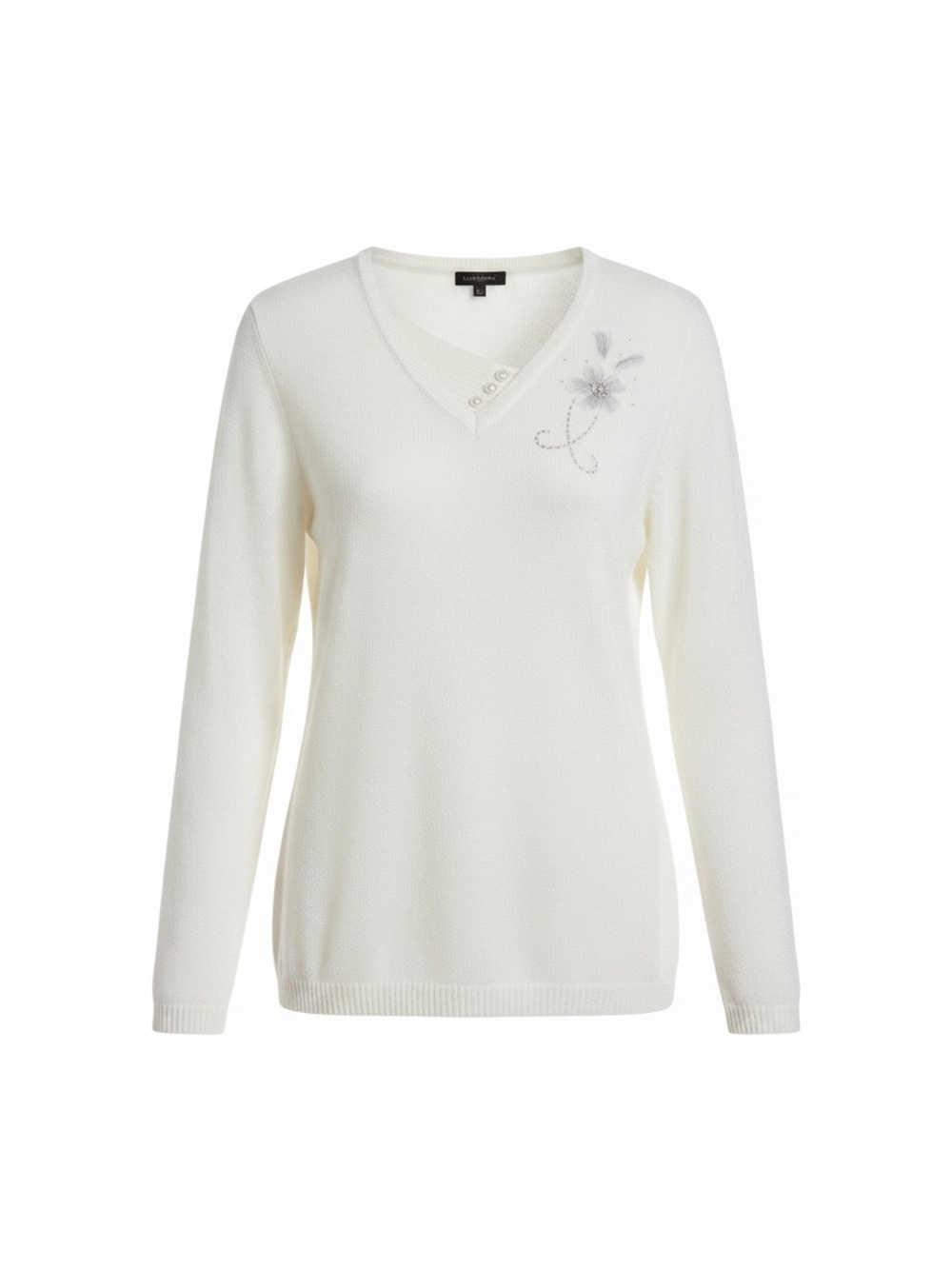 Emotions long sleeve blouse in white with a blue embroidered flower. large size.